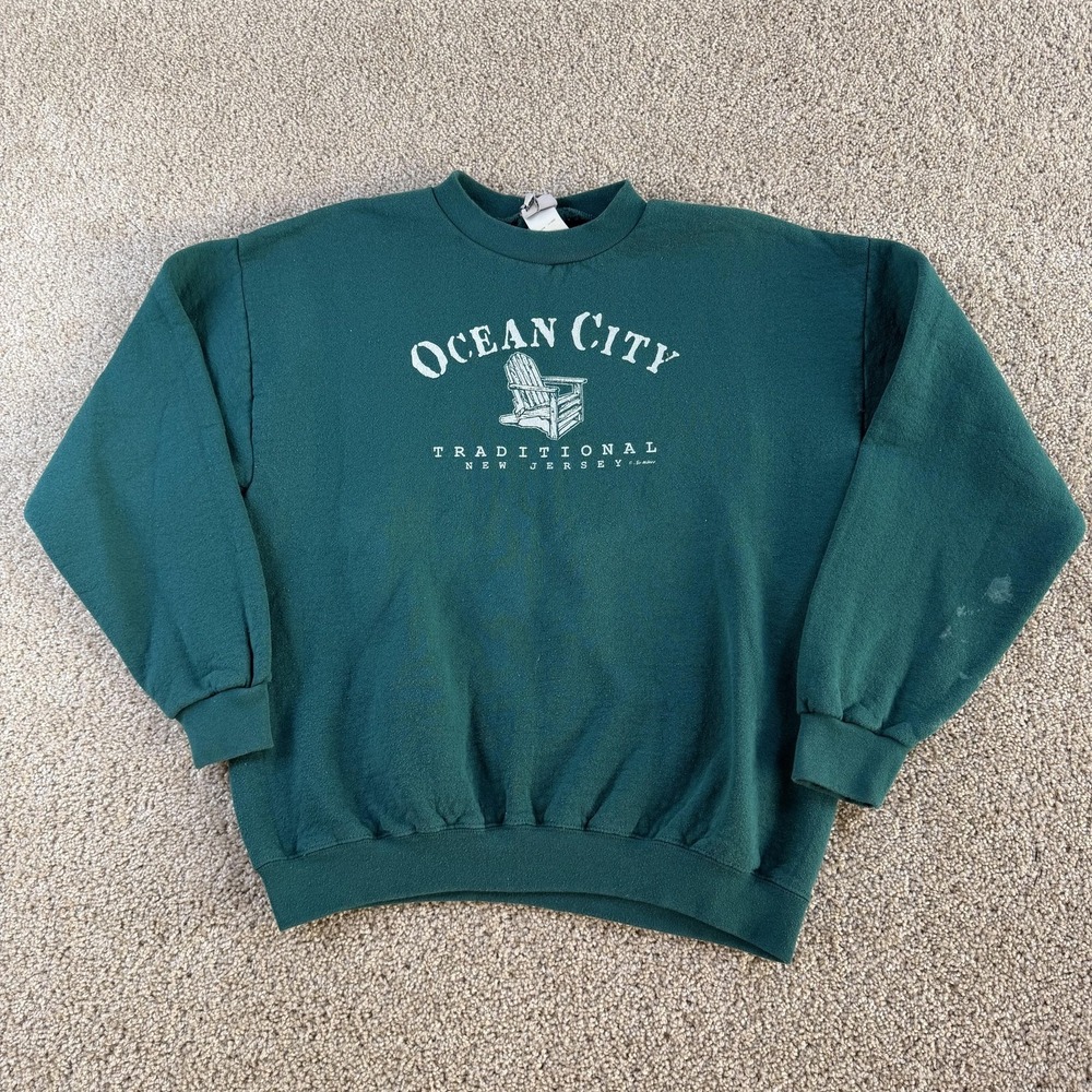 Vintage Ocean City NJ Sweatshirt Men Large Green Fleece Distress Franklin Sports
